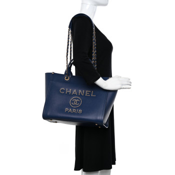 CHANEL Caviar Small Studded Deauville Tote Navy