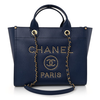 CHANEL Caviar Small Studded Deauville Tote Navy