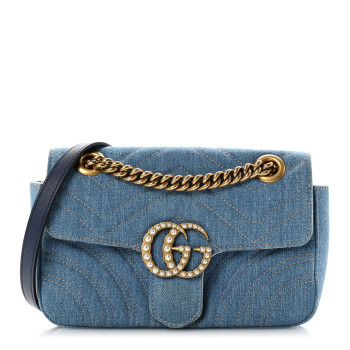 GUCCI Denim Matelasse Mini Pearly GG Marmont Shoulder Bag Blue