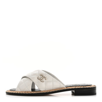 CHANEL Lambskin Quilted Chain CC Sandals 37.5 White