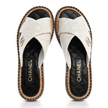 CHANEL Lambskin Quilted Chain CC Sandals 37.5 White
