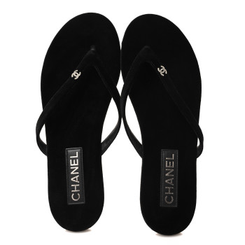CHANEL Velvet Crystal CC Thong Sandals 40 Black