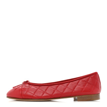 CHANEL Aged Calfskin Quilted CC Cap Toe Ballerina Flats 37.5 Red
