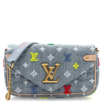LOUIS VUITTON Embroidered Monogram Denim New Wave Chain Pochette Blue