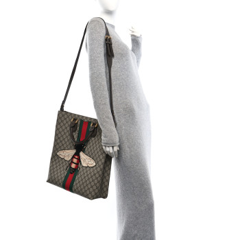 GUCCI GG Supreme Monogram Web Animalier Bee Vertical Tote Brown