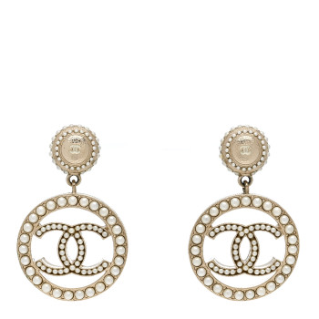 CHANEL Pearl CC Drop Earrings Light Gold
