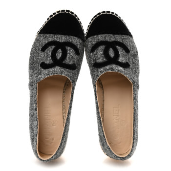 CHANEL Tweed Velvet CC Espadrilles 36 Grey Black