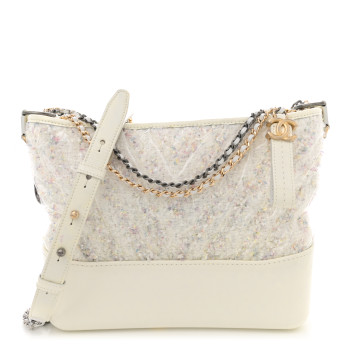 CHANEL Tweed PVC Patent Chevron Quilted Medium Gabrielle Hobo White