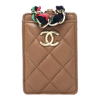 CHANEL Shiny Lambskin Ribbon Quilted Card Holder On Chain Brown
