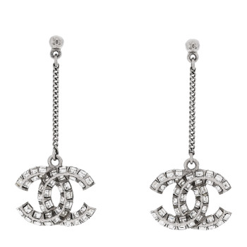 CHANEL Baguette Crystal CC Drop Earrings Silver