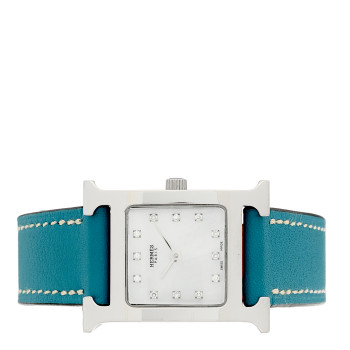 HERMES Stainless Steel Swift Diamond Mother of Pearl 21mm Heure H Hour Quartz Watch Blue Jean