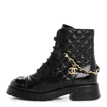 CHANEL Shiny Calfskin Patent Quilted Chain Lace Up Combat Boots 38 Black