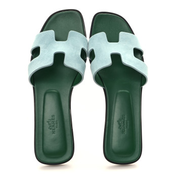 HERMES Suede Goatskin Oran Sandals 38.5 Vert D'eau Vert Anglais