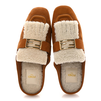FENDI Suede Shearling Baguette Mules 38 Caramello Latte