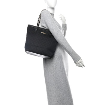 GUCCI Denim Monogram Chain Bucket Tote Black