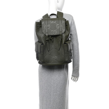 GUCCI Piuma Calfskin Jumbo GG Embossed Double Buckle Backpack Dark Vintage Olive