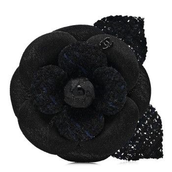 CHANEL Tweed Fabric Camellia Pin Brooch Navy Blue Black