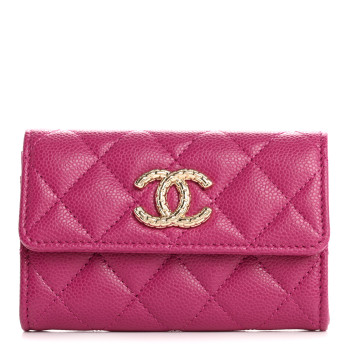 CHANEL Caviar Quilted Textured CC Flap Card Holder Purple