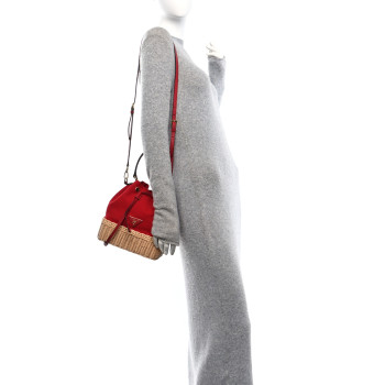 PRADA Wicker Canvas Saffiano Bucket Bag Naturale Rosso