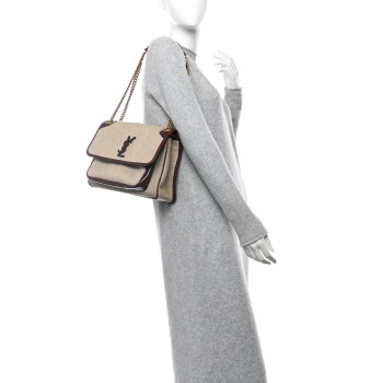 SAINT LAURENT Cotton Canvas Vintage Calfskin Monogram Medium Niki Chain Satchel Natural Chocolate