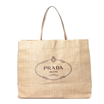 PRADA Raffia Logo Tote Naturale