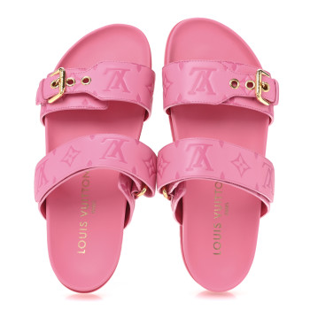 LOUIS VUITTON Calfskin Monogram Embossed Bom Dia Flat Mule Sandals 37 Pink