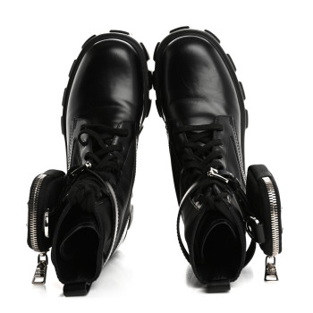 PRADA Spazzolato Rois Re-Nylon Metal Triangle Logo Monolith Pouch Pocket 55mm Boots 37 Black