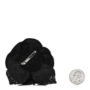 CHANEL Tweed Fabric Camellia Pin Brooch Black