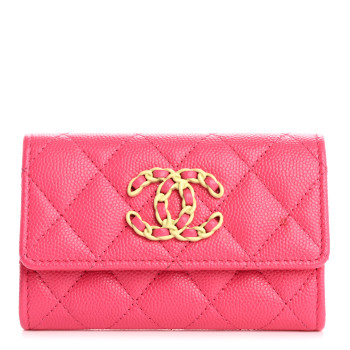 CHANEL Caviar Quilted Chanel 19 Flap Card Holder Wallet Dark Pink