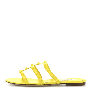 VALENTINO GARAVANI Nappa Rockstud Caged Flat Slide Sandals 38 Shocking Yellow