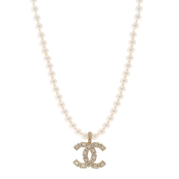 CHANEL Pearl Crystal Baguette CC Short Necklace Gold