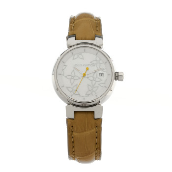 LOUIS VUITTON Stainless Steel Alligator Mother of Pearl 28mm Tambour Lovely Quartz Watch