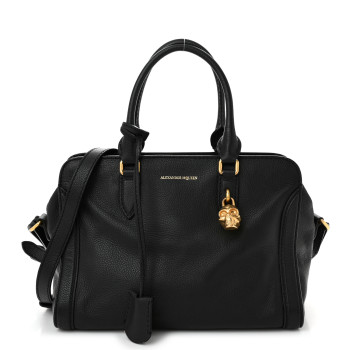 ALEXANDER MCQUEEN Pebbled Calfskin Small Skull Padlock Zip Around Tote Black