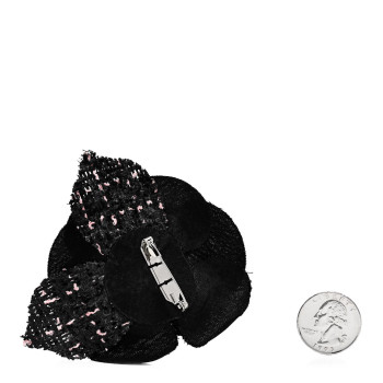 CHANEL Tweed Camellia Pin Brooch Black Pink