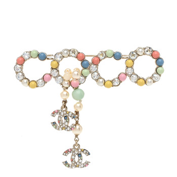 CHANEL Resin Pearl Crystal Coco Dangling Brooch Gold