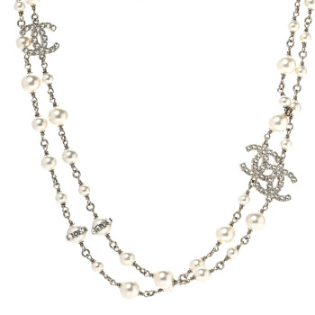 CHANEL Crystal Pearl CC Long Necklace Gold