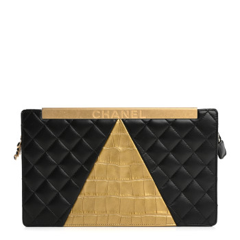 CHANEL Lambskin Metallic Calfskin Crocodile Embossed Clutch Black Gold