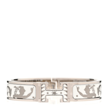HERMES Enamel Printed Narrow Sous Le Charme d'Orphee Clic Clac H Bracelet PM Blanc Platine