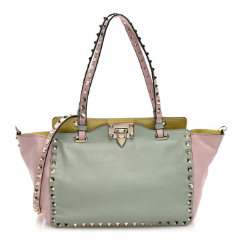 VALENTINO GARAVANI Vitello Watercolor Small Rockstud Tote Rose Green Yellow Sky