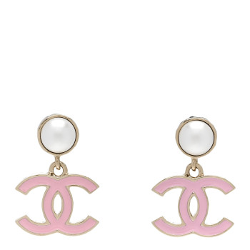 CHANEL Pearl Enamel CC Drop Earrings Pink