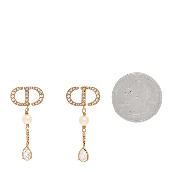CHRISTIAN DIOR Pearl Crystal CD Drop Earrings Gold