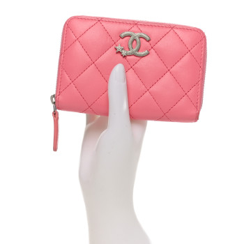 CHANEL Lambskin Crystal Star Quilted Studded CC Zip Around Card Holder Wallet Pink