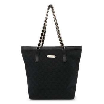 GUCCI Denim Monogram Chain Bucket Tote Black