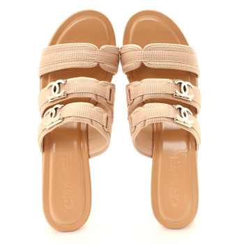 CHANEL Fabric Metal CC Logo Mules 39.5 Beige