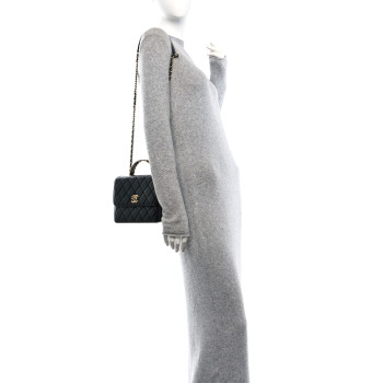 CHANEL Shiny Calfskin Quilted Small Metal Chain Top Handle Flap Black