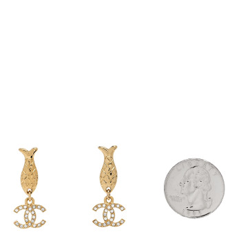CHANEL Metal Crystal CC Fish Drop Earrings Gold