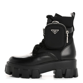 PRADA Spazzolato Rois Re-Nylon Metal Triangle Logo Monolith Pouch Pocket 55mm Boots 37 Black