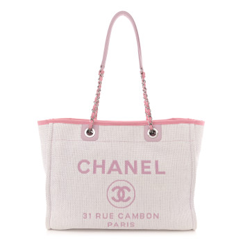 CHANEL Woven Straw Raffia Small Deauville Tote Pink