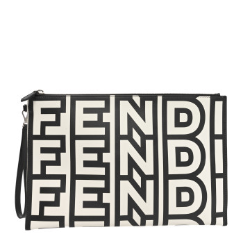 FENDI X MARC JACOBS Nappa Vitello King Logo Print Large Flat Pouch Black White
