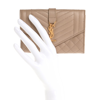 SAINT LAURENT Grain De Poudre Textured Mixed Matelasse Triquilt Small Monogram Envelope Wallet Dark Beige